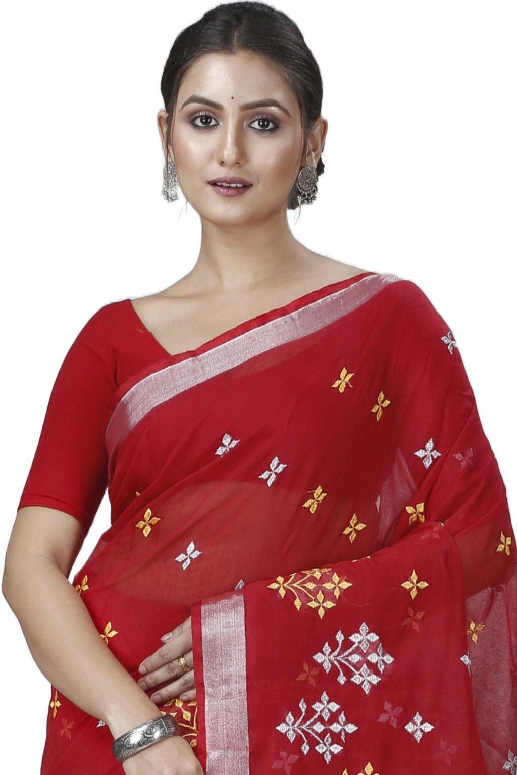 Red Blended Cotton Tamasi Hand Loom Saree (1208)